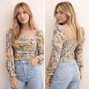 ASTR the Label Floral Ruched Puff Sleeve Tonina Top Women XS Retro Boho Coquette